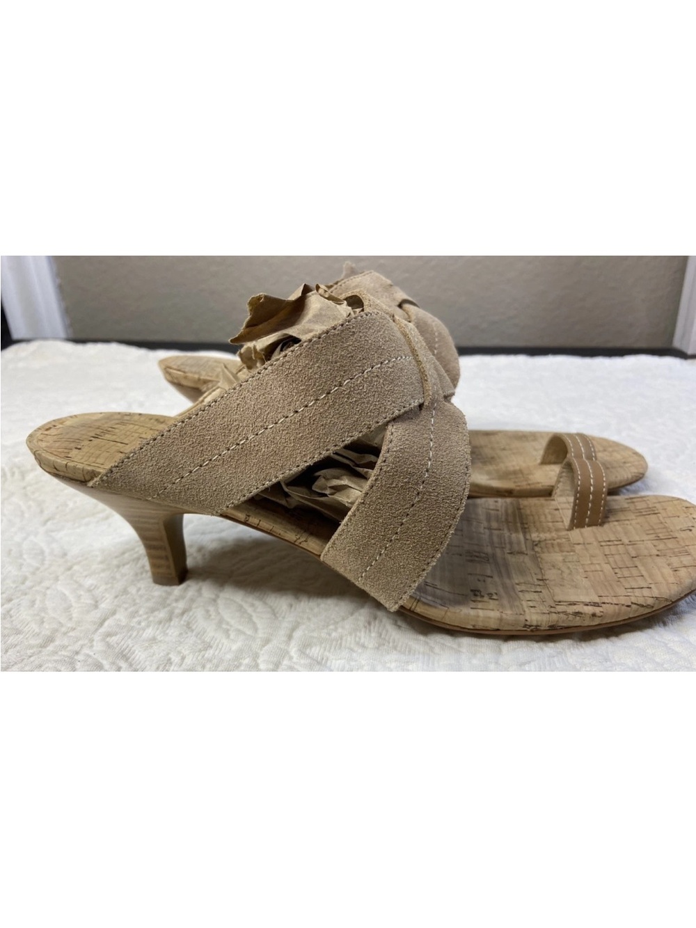 Donald Pliner tan suede slide kitten heel